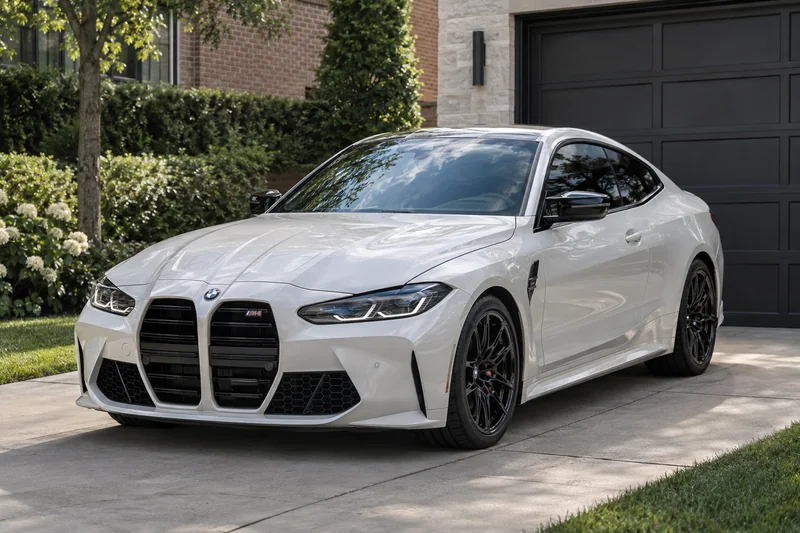 A white BMW M4 with tinted windows on a driveway