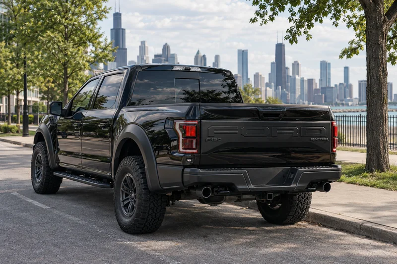 A black Ford F-150 Raptor with tinted rear glass, the Chicago skyline behind
