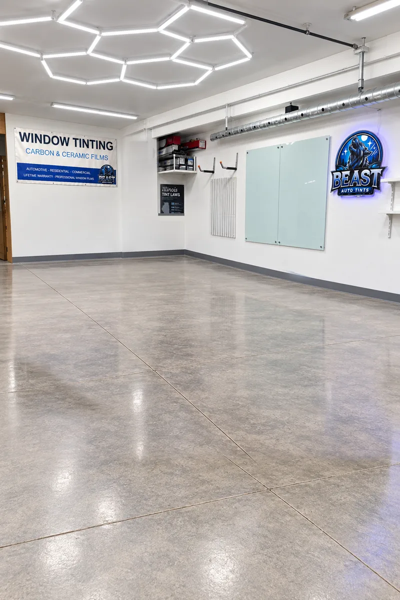 The Beast Auto Tints bay in Chicago, empty and spotless, with his Window Tinting banner and lit wolf sign