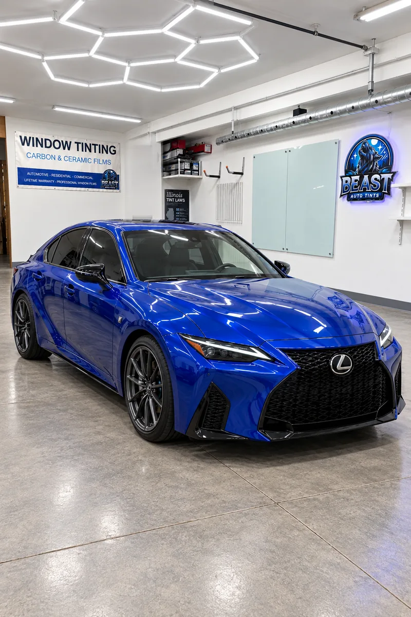 A blue Lexus IS with tinted windows parked in the Beast Auto Tints bay in Chicago, under his Window Tinting banner and lit wolf sign