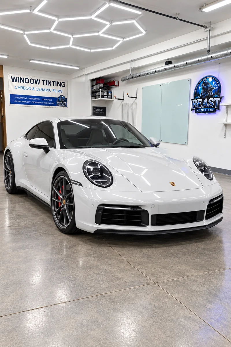 A white Porsche 911 with tinted windows parked in the Beast Auto Tints bay in Chicago, under his Window Tinting banner and lit wolf sign