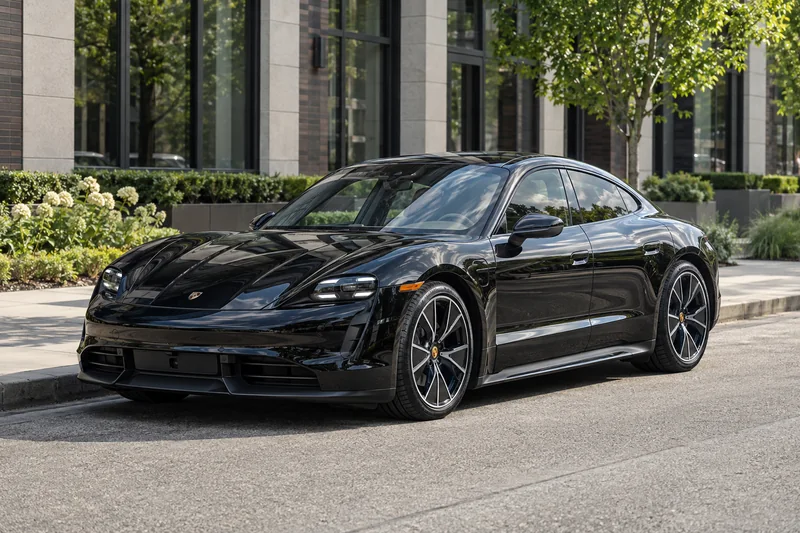 A black Porsche Taycan with ceramic window tint in the sun