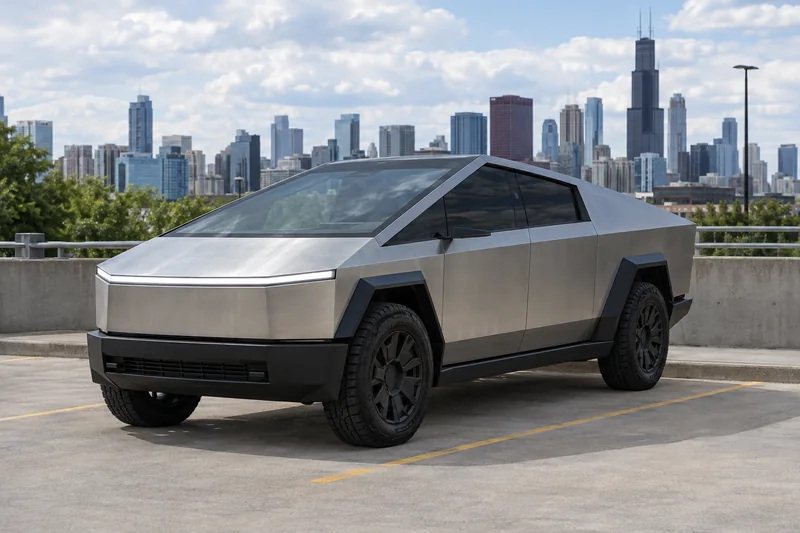 A Tesla Cybertruck with tinted windows by the Chicago skyline