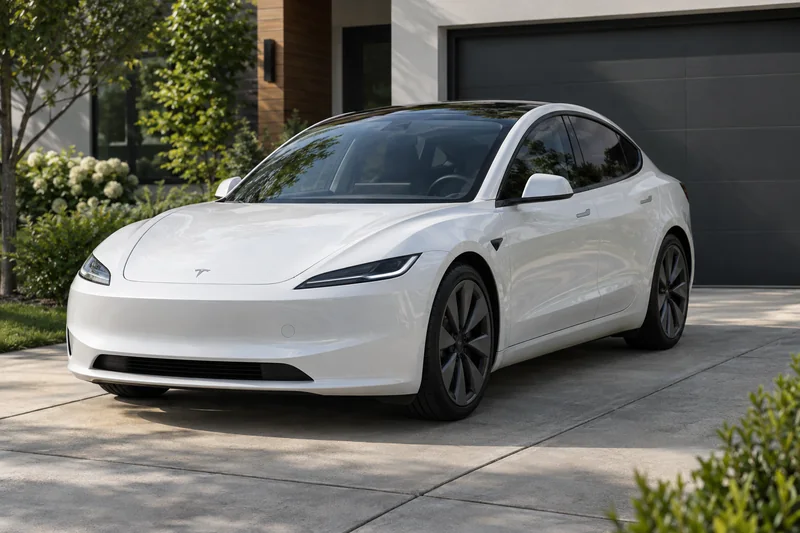 A white Tesla Model 3 with tinted windows on a driveway