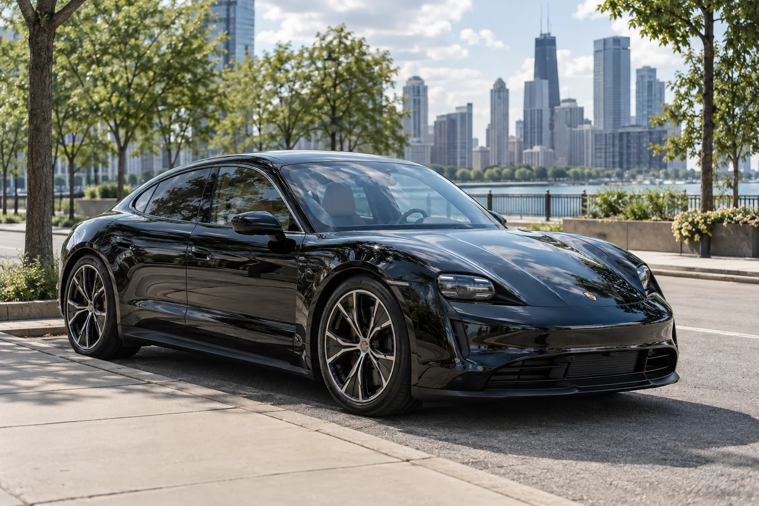 Gloss black Porsche Taycan with tinted windows at Beast Auto Tints