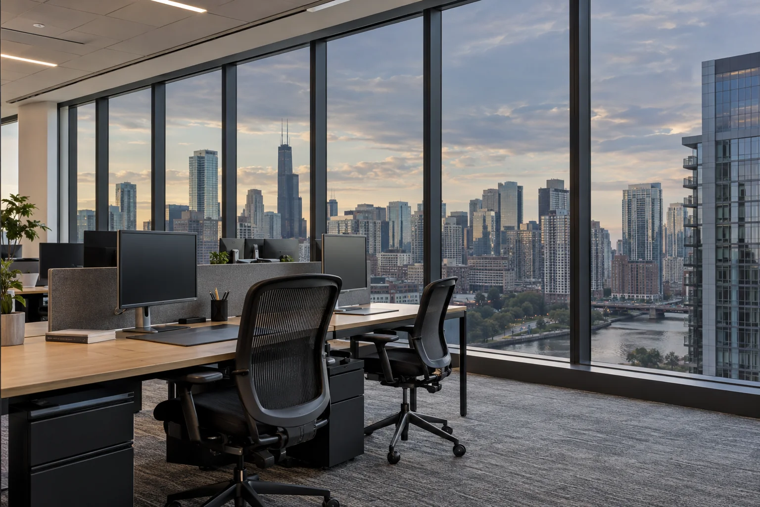 Office with tall tinted windows looking out over Chicago