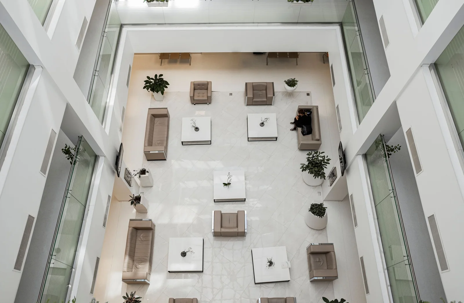 Bright office lobby seen from above