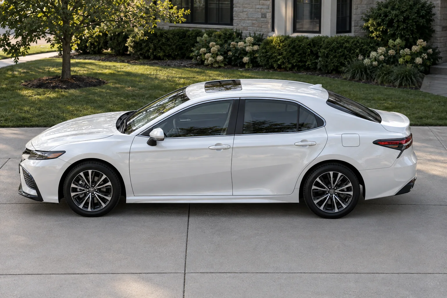Pearl white Toyota Camry with tinted windows at Beast Auto Tints