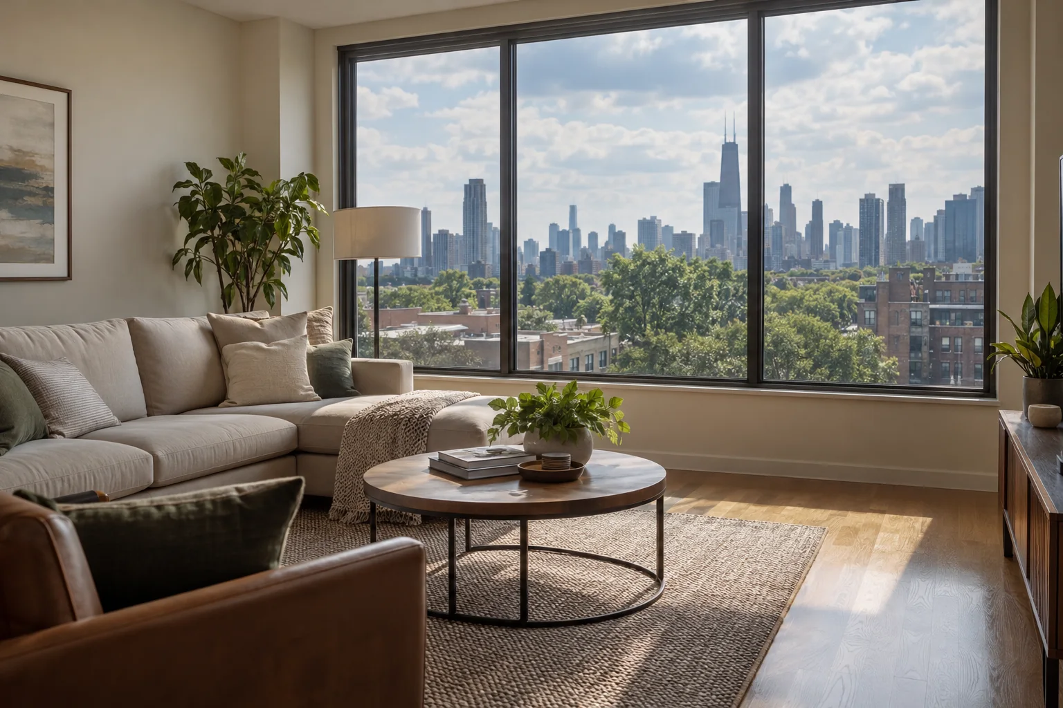 Living room with large tinted windows looking out over Chicago